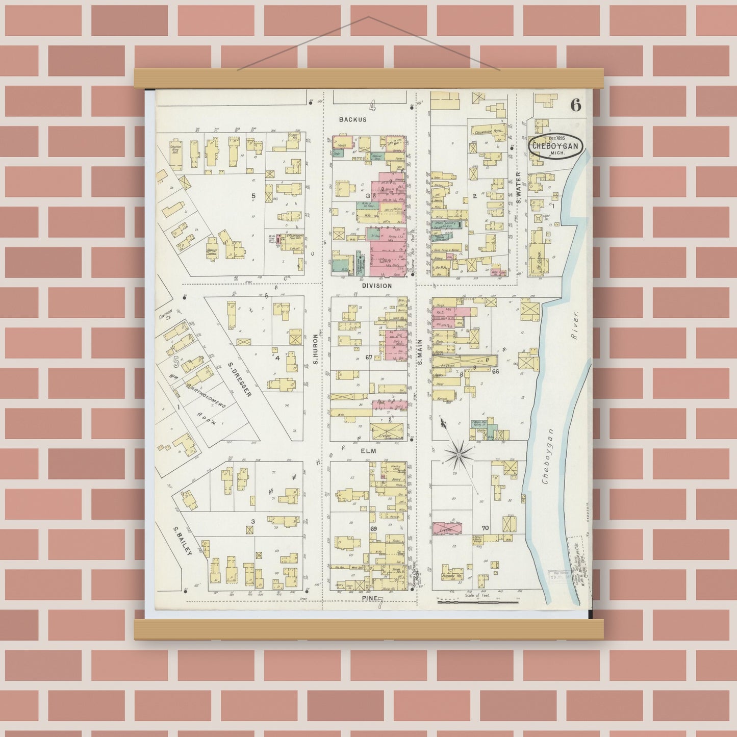 Old map wall art mockup — magnetic wood frame on brick wall — Sanborn Fire Insurance Map from Cheboygan, Cheboygan County, Michigan (1895), Sheet #0006