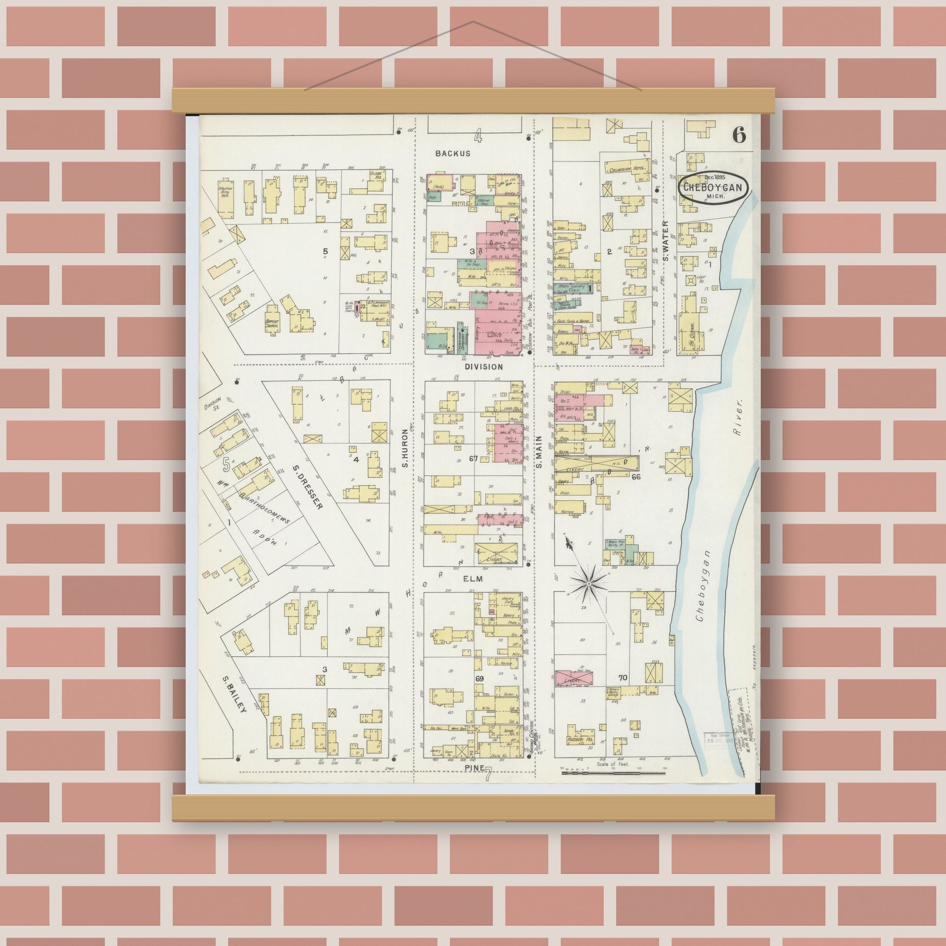 Old map wall art mockup — magnetic wood frame on brick wall — Sanborn Fire Insurance Map from Cheboygan, Cheboygan County, Michigan (1895), Sheet #0006