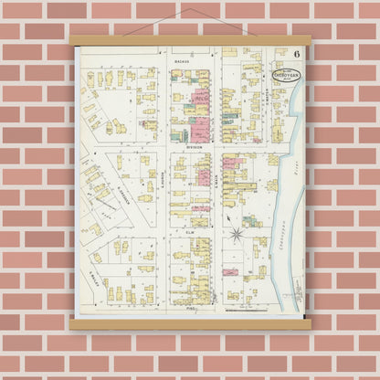Old map wall art mockup — magnetic wood frame on brick wall — Sanborn Fire Insurance Map from Cheboygan, Cheboygan County, Michigan (1895), Sheet #0006
