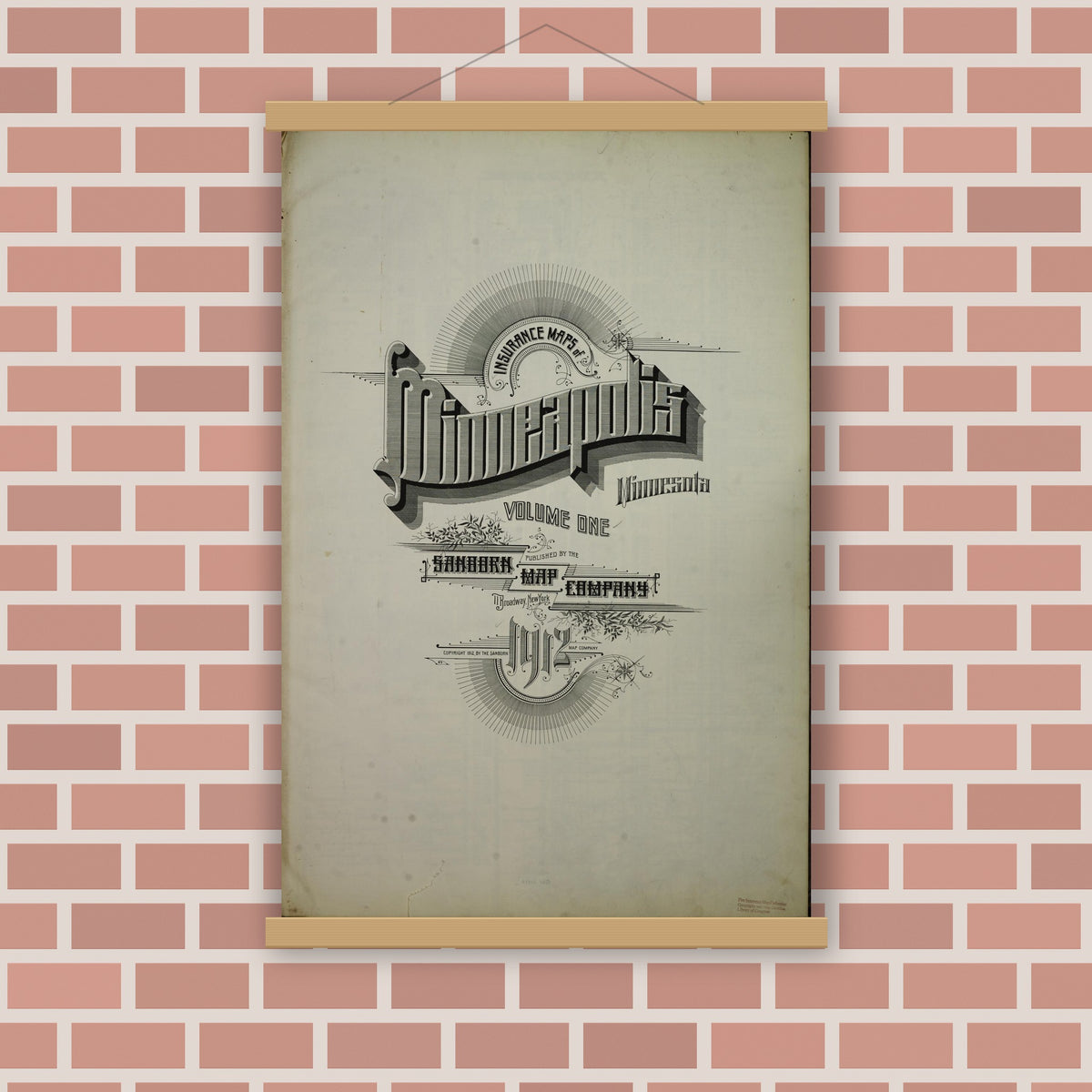 Old map wall art mockup — magnetic wood frame on brick wall — Sanborn Fire Insurance Map from Minneapolis, Hennepin County, Minnesota (1912), Sheet #0001