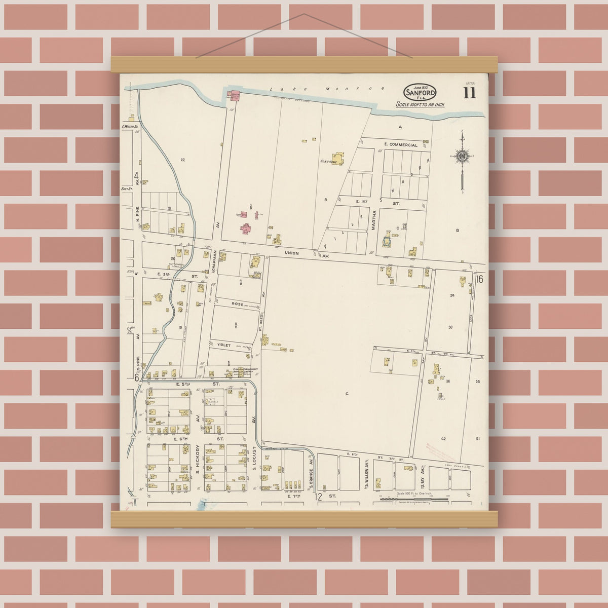 Old map wall art mockup — magnetic wood frame on brick wall — Sanborn Fire Insurance Map from Sanford, Seminole County, Florida (1922), Sheet #0011