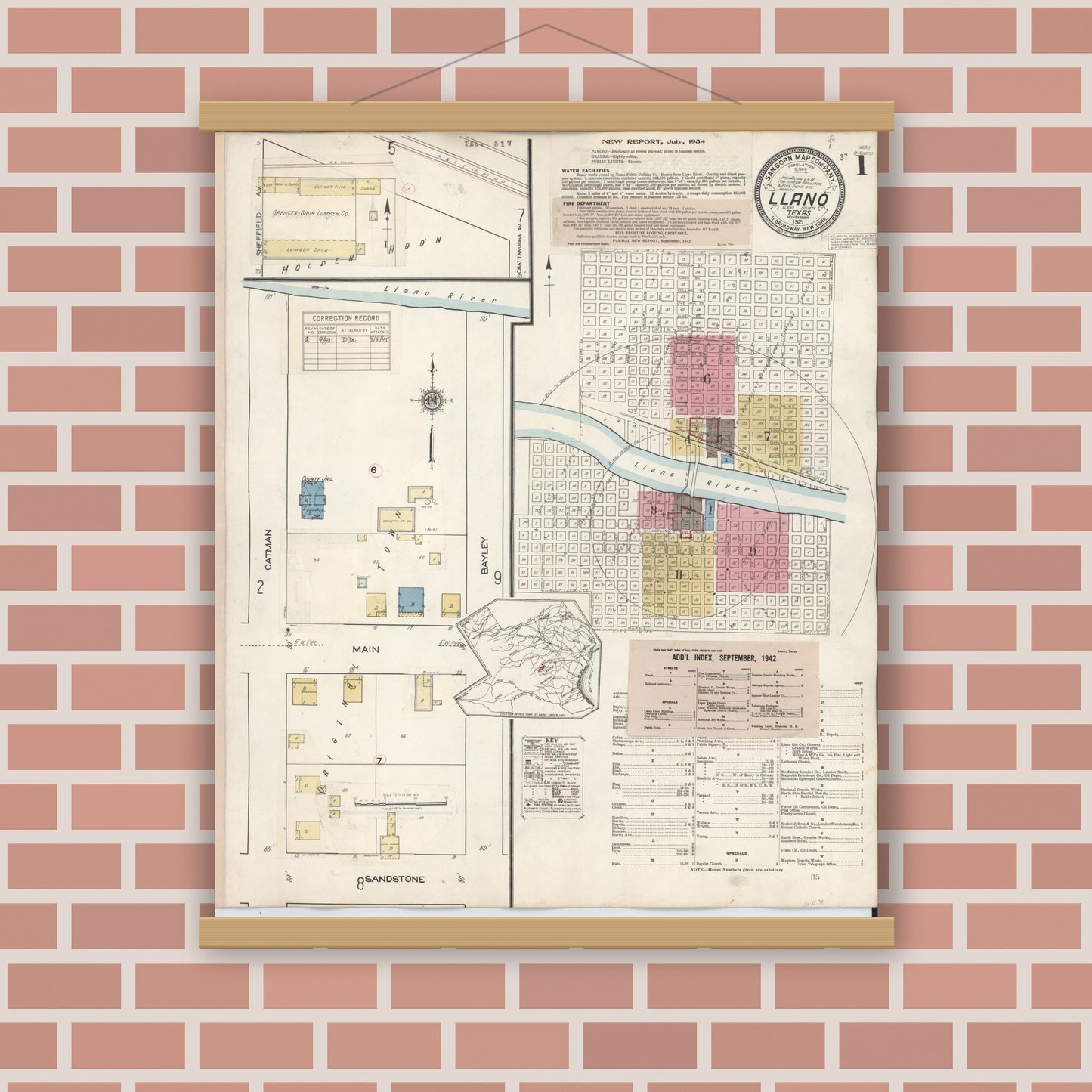 Old map wall art mockup — magnetic wood frame on brick wall — Sanborn Fire Insurance Map from Llano, Llano County, Texas (1942) - Complete Map Set