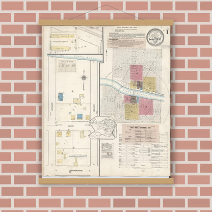 Old map wall art mockup — magnetic wood frame on brick wall — Sanborn Fire Insurance Map from Llano, Llano County, Texas (1942) - Complete Map Set
