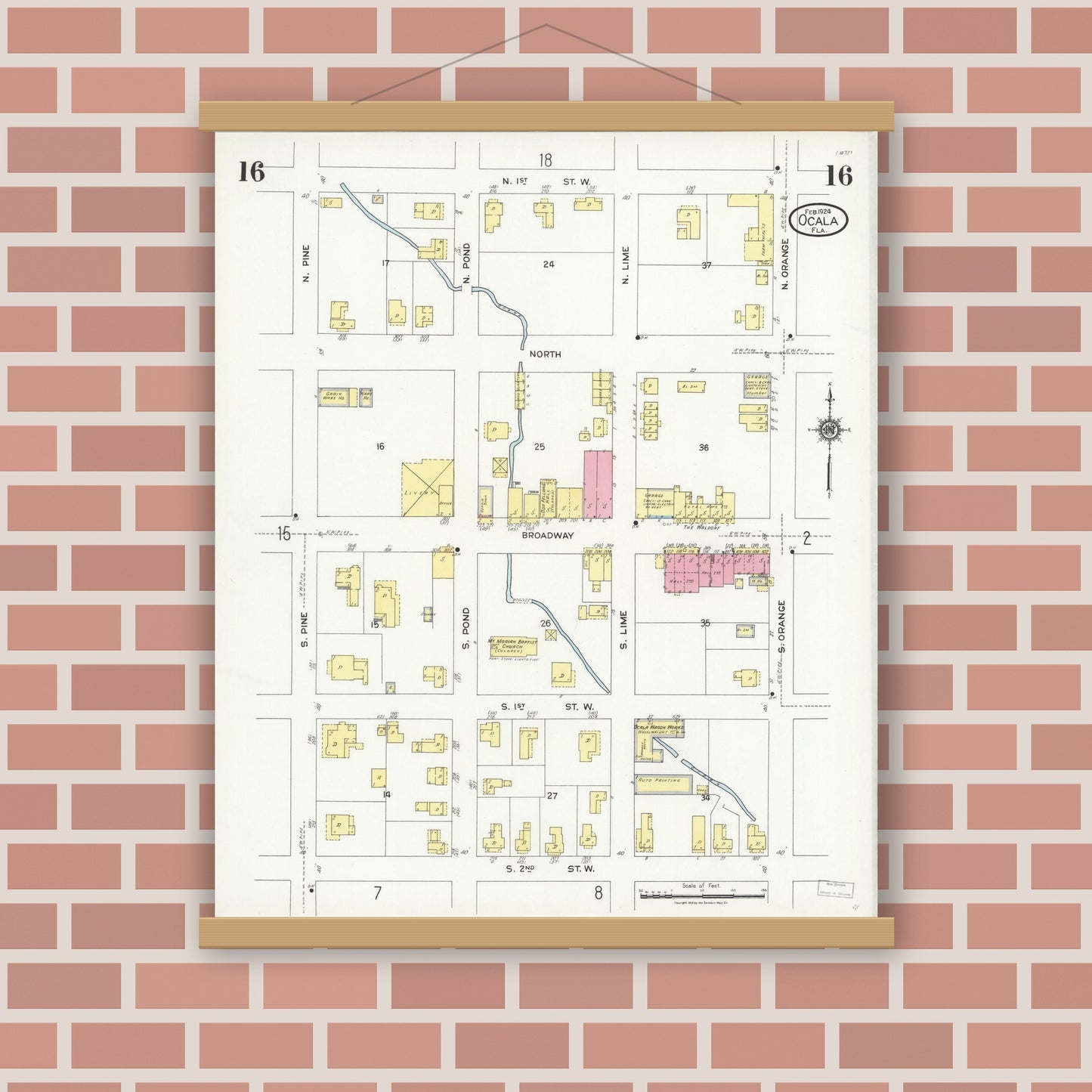 Old map wall art mockup — magnetic wood frame on brick wall — Sanborn Fire Insurance Map from Ocala, Marion County, Florida (1924), Sheet #0016