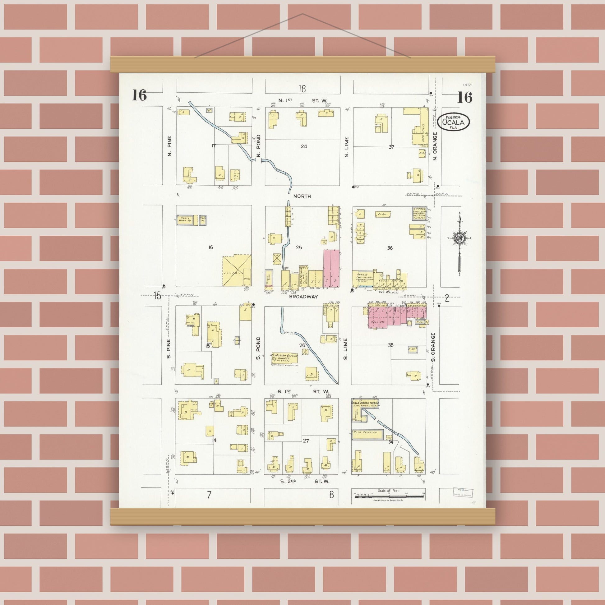 Old map wall art mockup — magnetic wood frame on brick wall — Sanborn Fire Insurance Map from Ocala, Marion County, Florida (1924), Sheet #0016