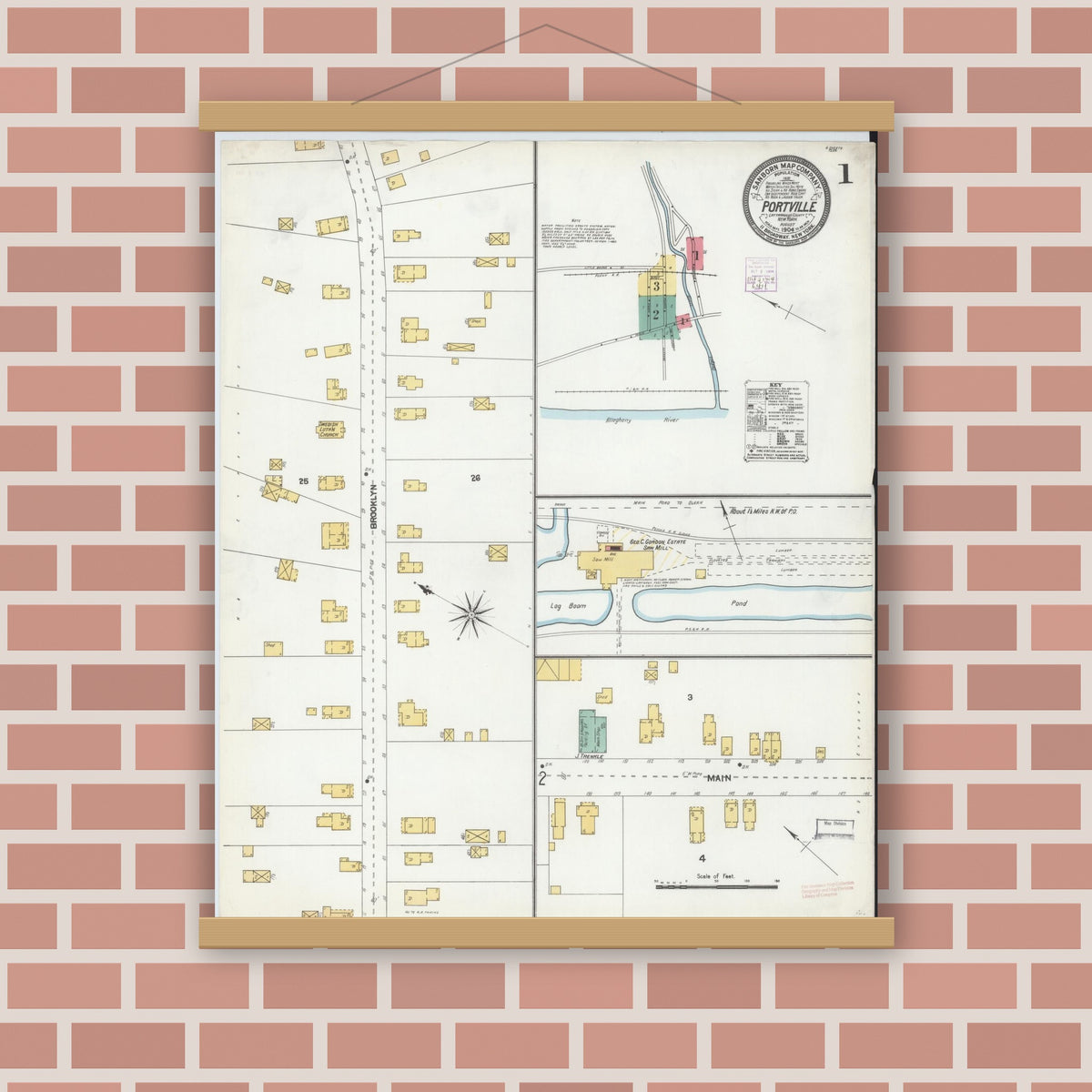 Old map wall art mockup — magnetic wood frame on brick wall — Sanborn Fire Insurance Map from Portville, Cattaraugus County, New York (1904) - Complete Map Set