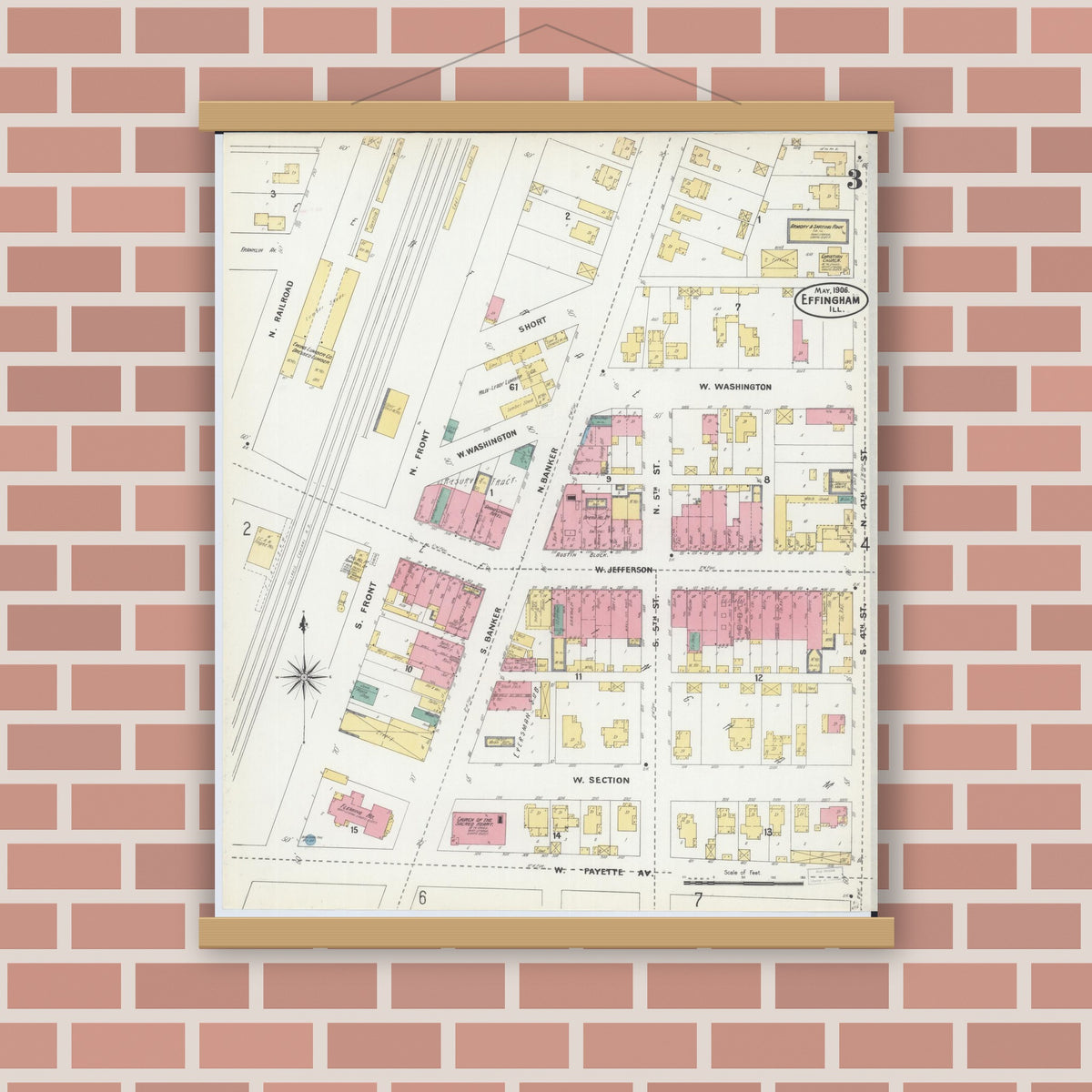 Old map wall art mockup — magnetic wood frame on brick wall — Sanborn Fire Insurance Map from Effingham, Effingham County, Illinois (1906), Sheet #0003