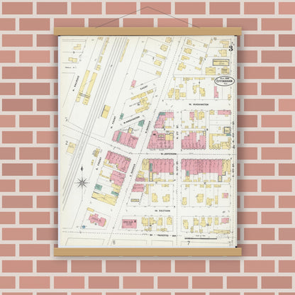 Old map wall art mockup — magnetic wood frame on brick wall — Sanborn Fire Insurance Map from Effingham, Effingham County, Illinois (1906), Sheet #0003