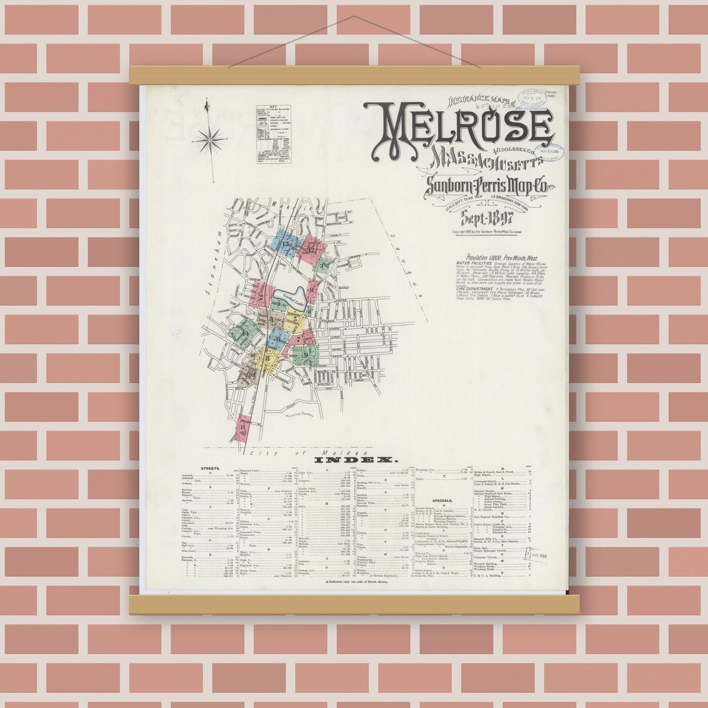 Old map wall art mockup — magnetic wood frame on brick wall — Sanborn Fire Insurance Map from Melrose, Middlesex County, Massachusetts (1897) - Complete Map Set