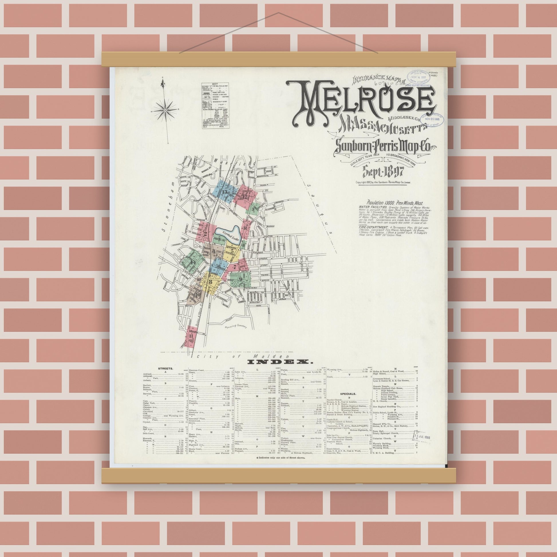 Old map wall art mockup — magnetic wood frame on brick wall — Sanborn Fire Insurance Map from Melrose, Middlesex County, Massachusetts (1897) - Complete Map Set