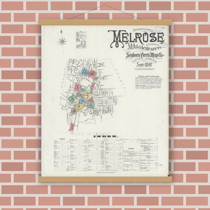 Old map wall art mockup — magnetic wood frame on brick wall — Sanborn Fire Insurance Map from Melrose, Middlesex County, Massachusetts (1897) - Complete Map Set