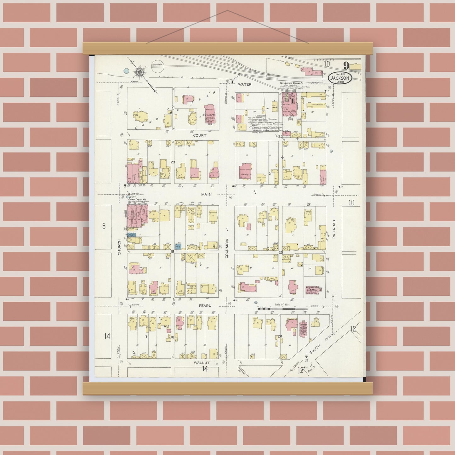 Old map wall art mockup — magnetic wood frame on brick wall — Sanborn Fire Insurance Map from Jackson, Jackson County, Ohio (1914), Sheet #0009