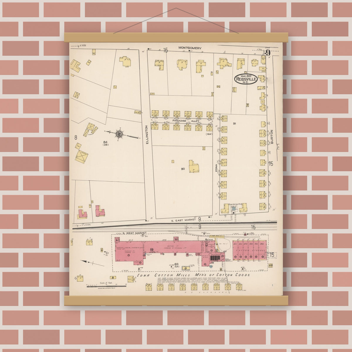 Old map wall art mockup — magnetic wood frame on brick wall — Sanborn Fire Insurance Map from Reidsville, Rockingham County, North Carolina (1922), Sheet #0009