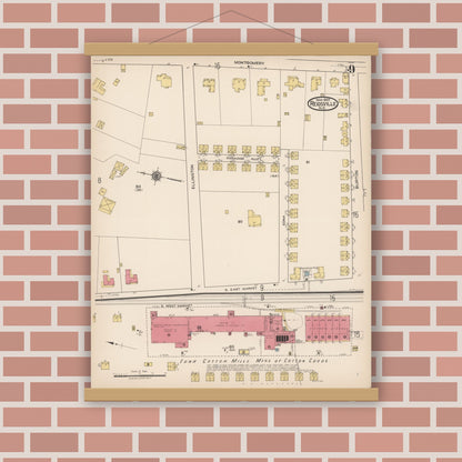Old map wall art mockup — magnetic wood frame on brick wall — Sanborn Fire Insurance Map from Reidsville, Rockingham County, North Carolina (1922), Sheet #0009
