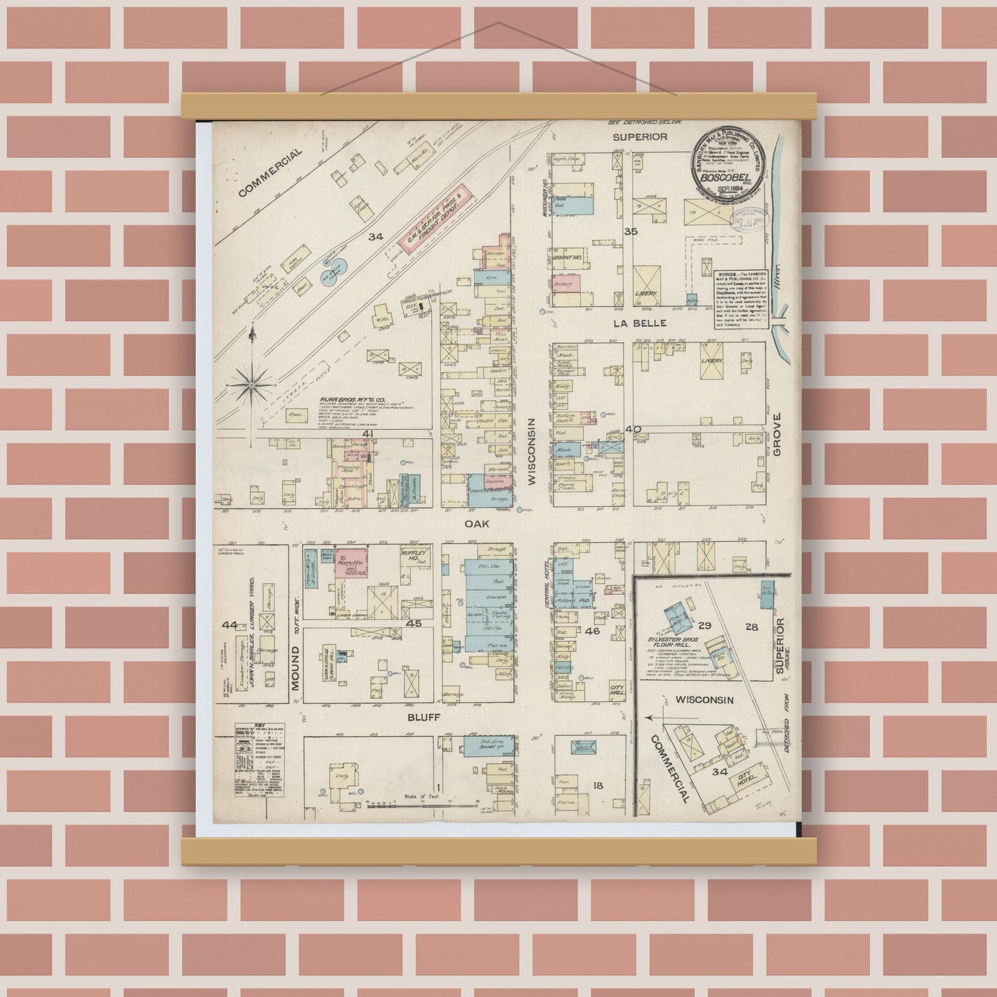 Old map wall art mockup — magnetic wood frame on brick wall — Sanborn Fire Insurance Map from Boscobel, Grant County, Wisconsin (1884), Sheet #0001