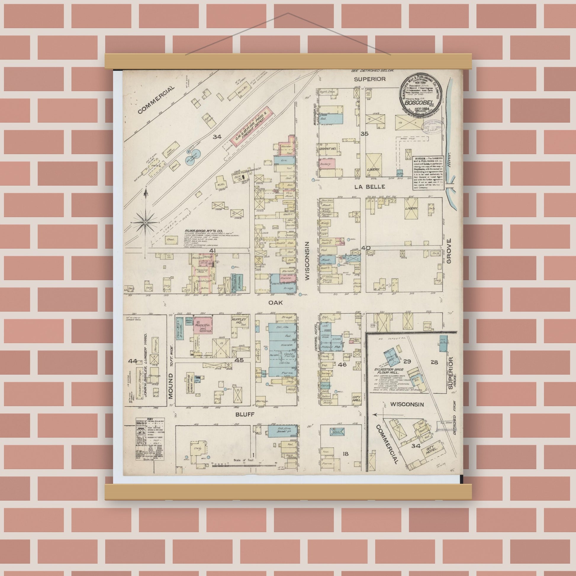 Old map wall art mockup — magnetic wood frame on brick wall — Sanborn Fire Insurance Map from Boscobel, Grant County, Wisconsin (1884), Sheet #0001