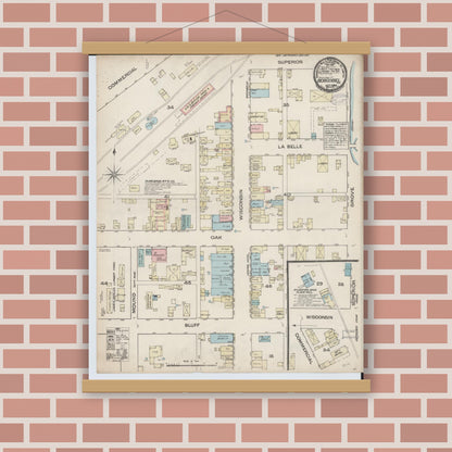Old map wall art mockup — magnetic wood frame on brick wall — Sanborn Fire Insurance Map from Boscobel, Grant County, Wisconsin (1884), Sheet #0001