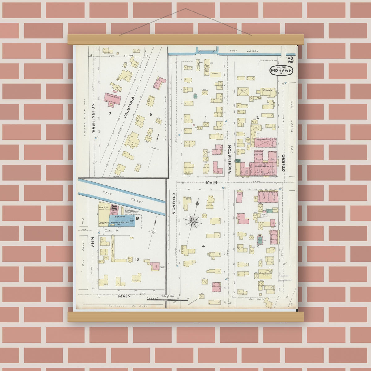 Old map wall art mockup — magnetic wood frame on brick wall — Sanborn Fire Insurance Map from Mohawk, Herkimer County, New York (1891), Sheet #0002