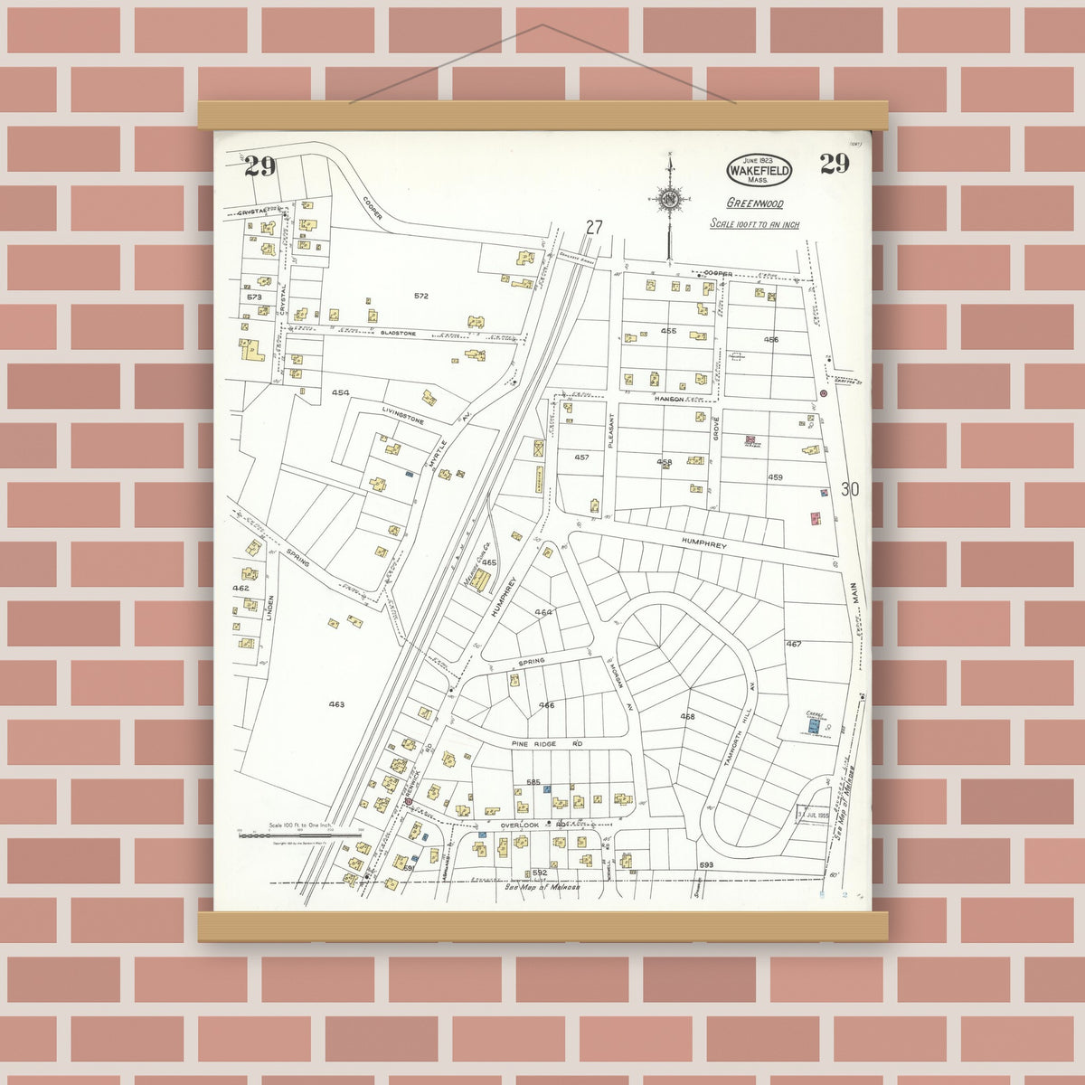 Old map wall art mockup — magnetic wood frame on brick wall — Sanborn Fire Insurance Map from Wakefield, Middlesex County, Massachusetts (1923), Sheet #0029