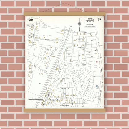 Old map wall art mockup — magnetic wood frame on brick wall — Sanborn Fire Insurance Map from Wakefield, Middlesex County, Massachusetts (1923), Sheet #0029