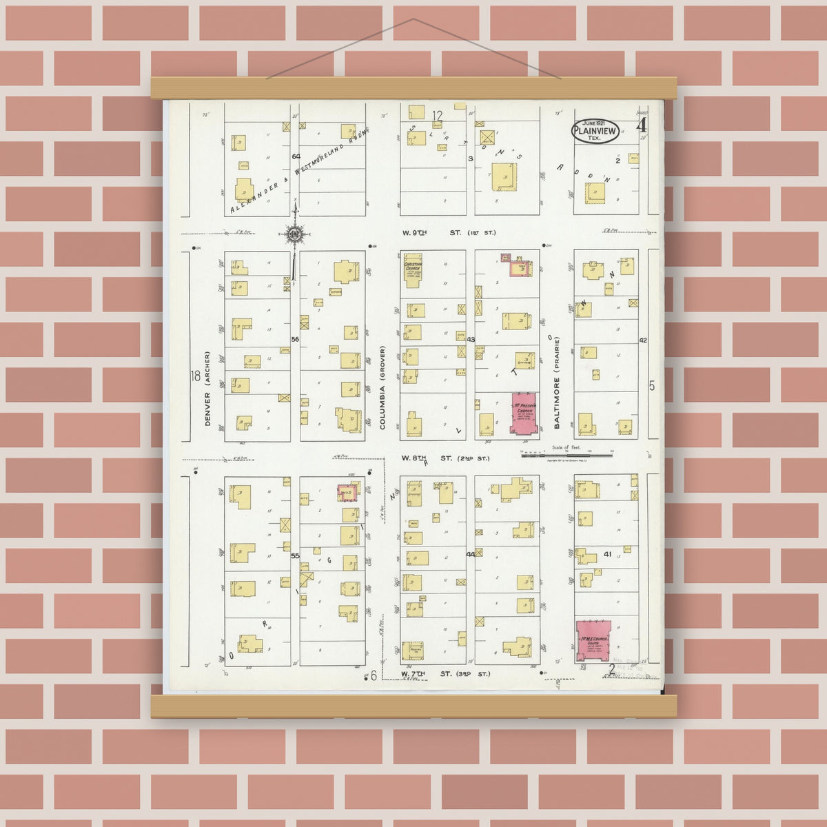 Old map wall art mockup — magnetic wood frame on brick wall — Sanborn Fire Insurance Map from Plainview, Hale County, Texas (1921), Sheet #0004