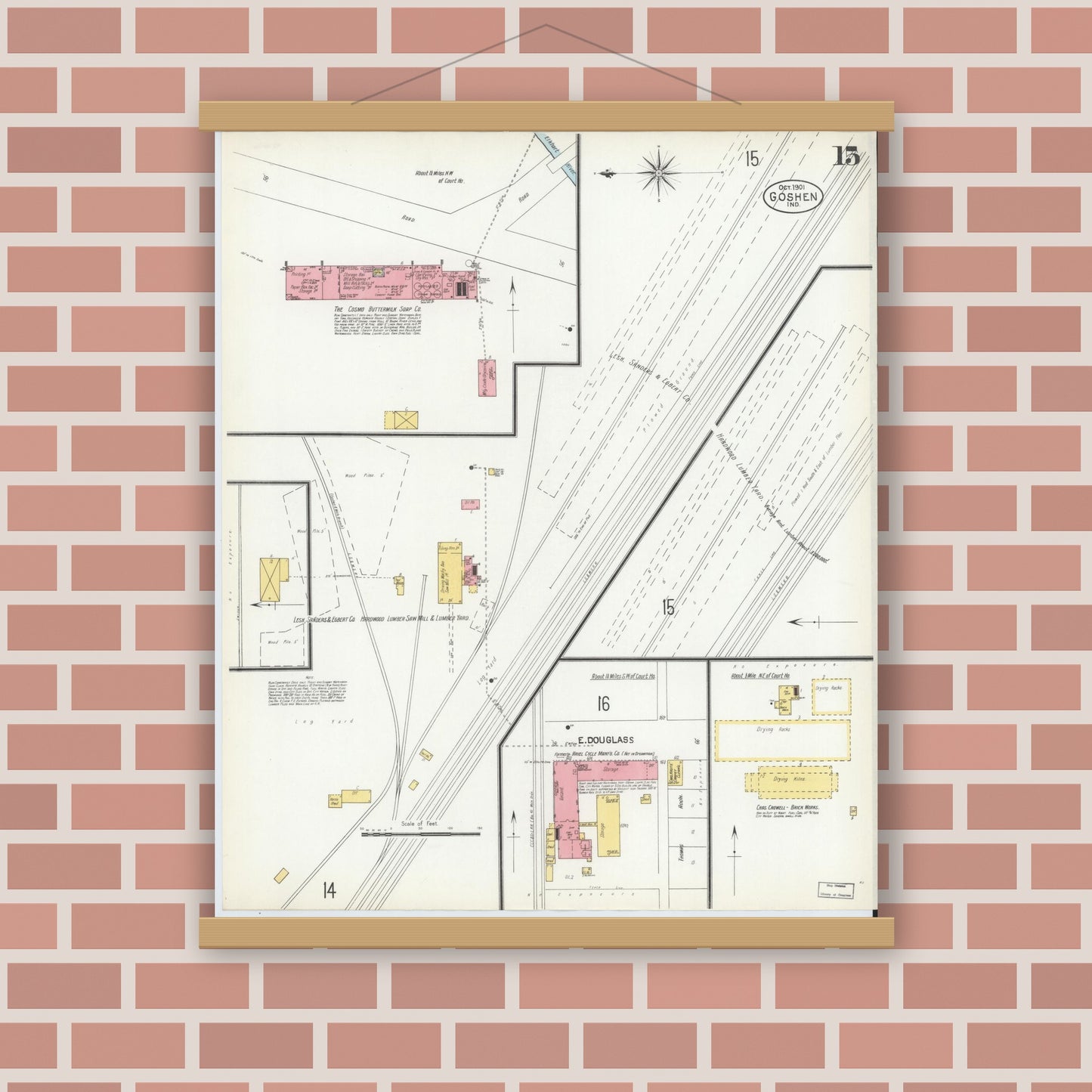 Old map wall art mockup — magnetic wood frame on brick wall — Sanborn Fire Insurance Map from Goshen, Elkhart County, Indiana (1901), Sheet #0015