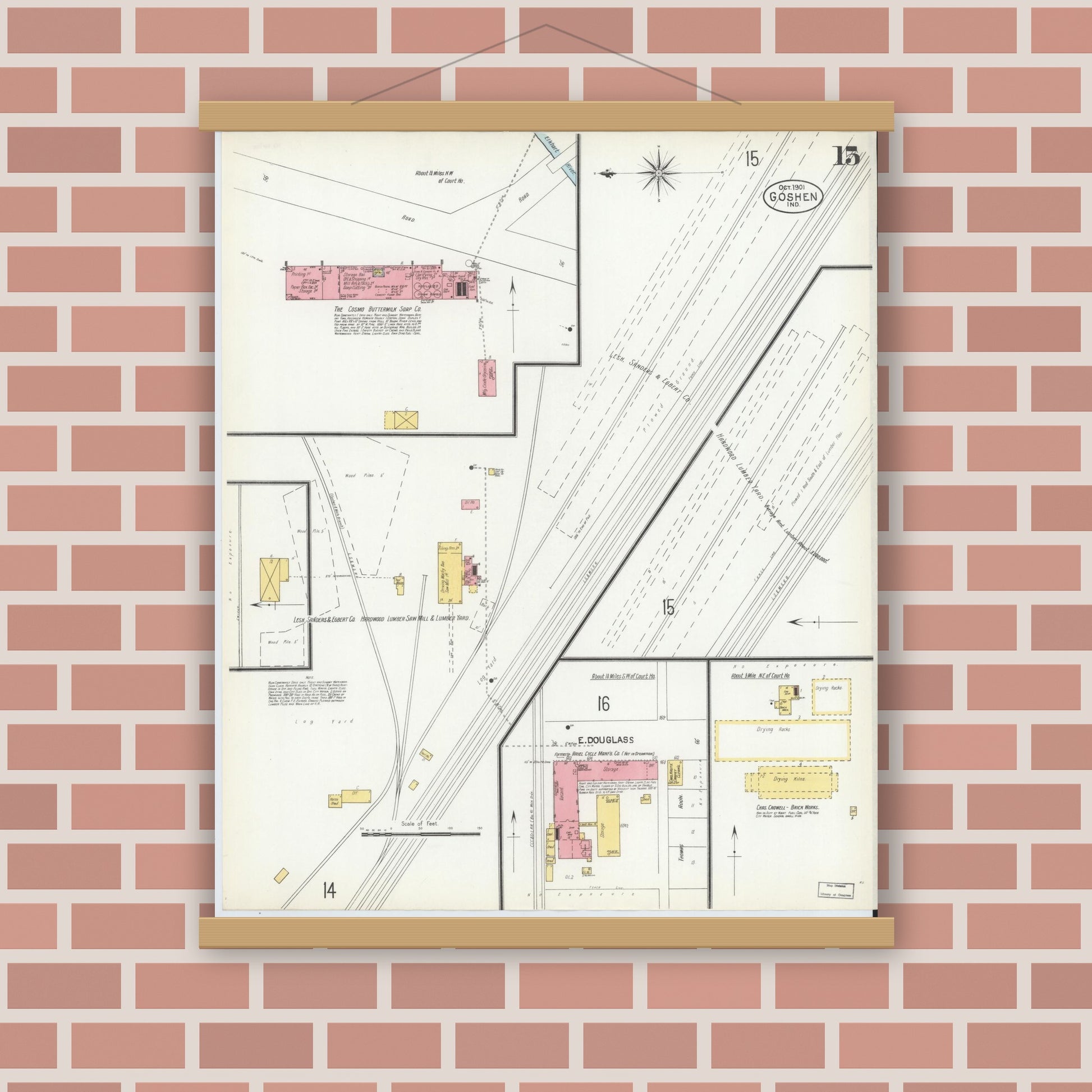Old map wall art mockup — magnetic wood frame on brick wall — Sanborn Fire Insurance Map from Goshen, Elkhart County, Indiana (1901), Sheet #0015