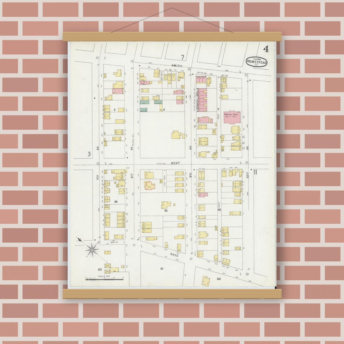 Old map wall art mockup — magnetic wood frame on brick wall — Sanborn Fire Insurance Map from Homestead, Allegheny County, Pennsylvania (1896), Sheet #0004