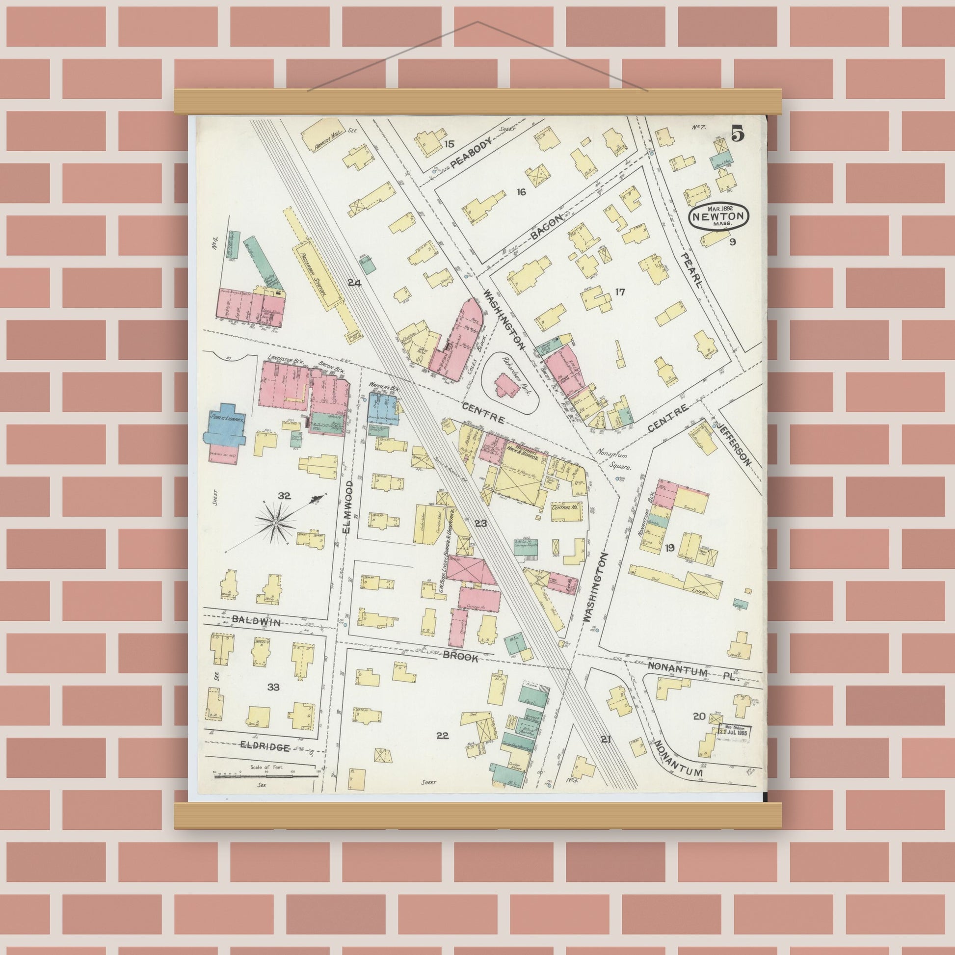 Old map wall art mockup — magnetic wood frame on brick wall — Sanborn Fire Insurance Map from Newton, Middlesex County, Massachusetts (1892), Sheet #0005