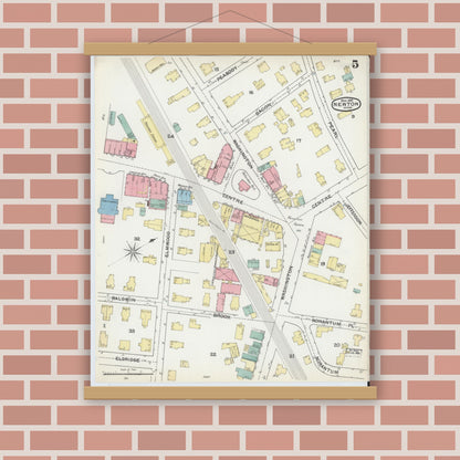 Old map wall art mockup — magnetic wood frame on brick wall — Sanborn Fire Insurance Map from Newton, Middlesex County, Massachusetts (1892), Sheet #0005