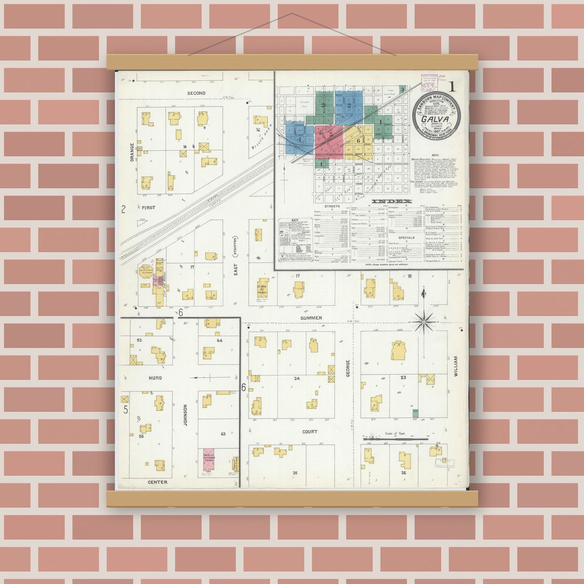 Old map wall art mockup — magnetic wood frame on brick wall — Sanborn Fire Insurance Map from Galva, Henry County, Illinois (1907) - Complete Map Set