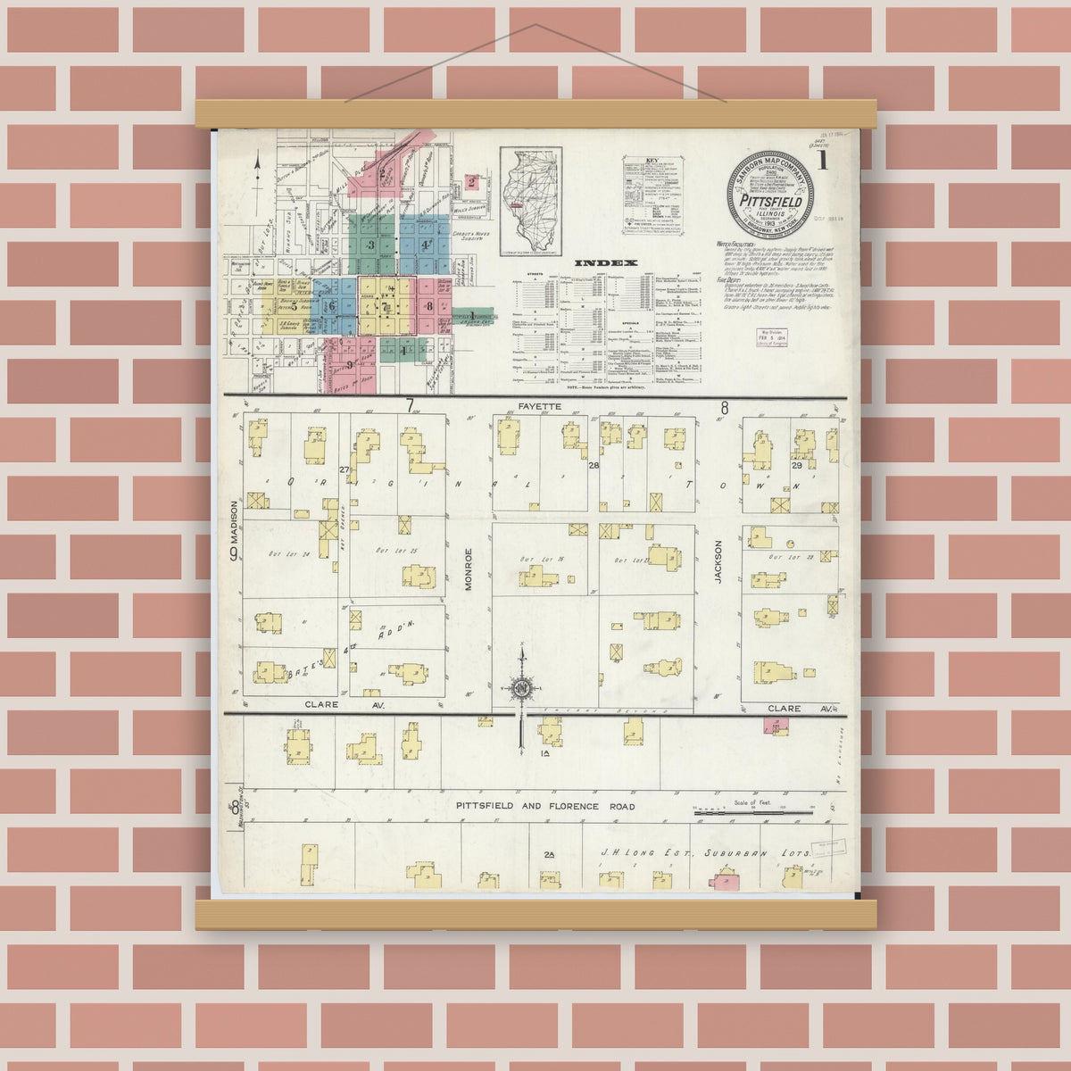 Old map wall art mockup — magnetic wood frame on brick wall — Sanborn Fire Insurance Map from Pittsfield, Pike County, Illinois (1913), Sheet #0001