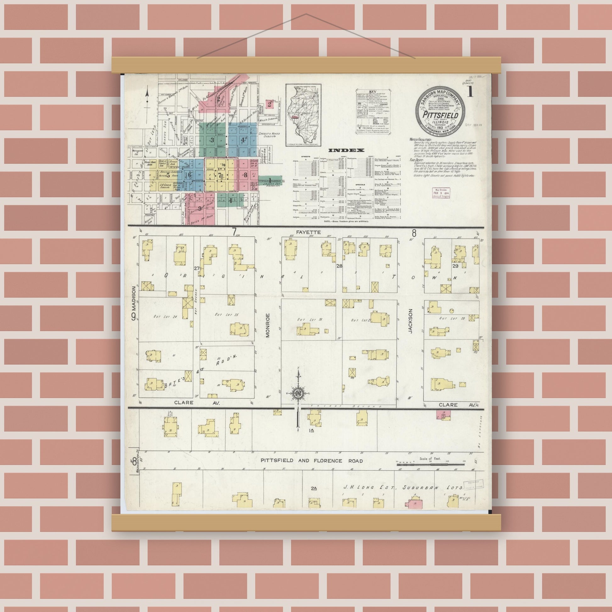 Old map wall art mockup — magnetic wood frame on brick wall — Sanborn Fire Insurance Map from Pittsfield, Pike County, Illinois (1913), Sheet #0001
