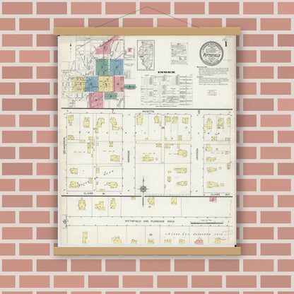 Old map wall art mockup — magnetic wood frame on brick wall — Sanborn Fire Insurance Map from Pittsfield, Pike County, Illinois (1913), Sheet #0001