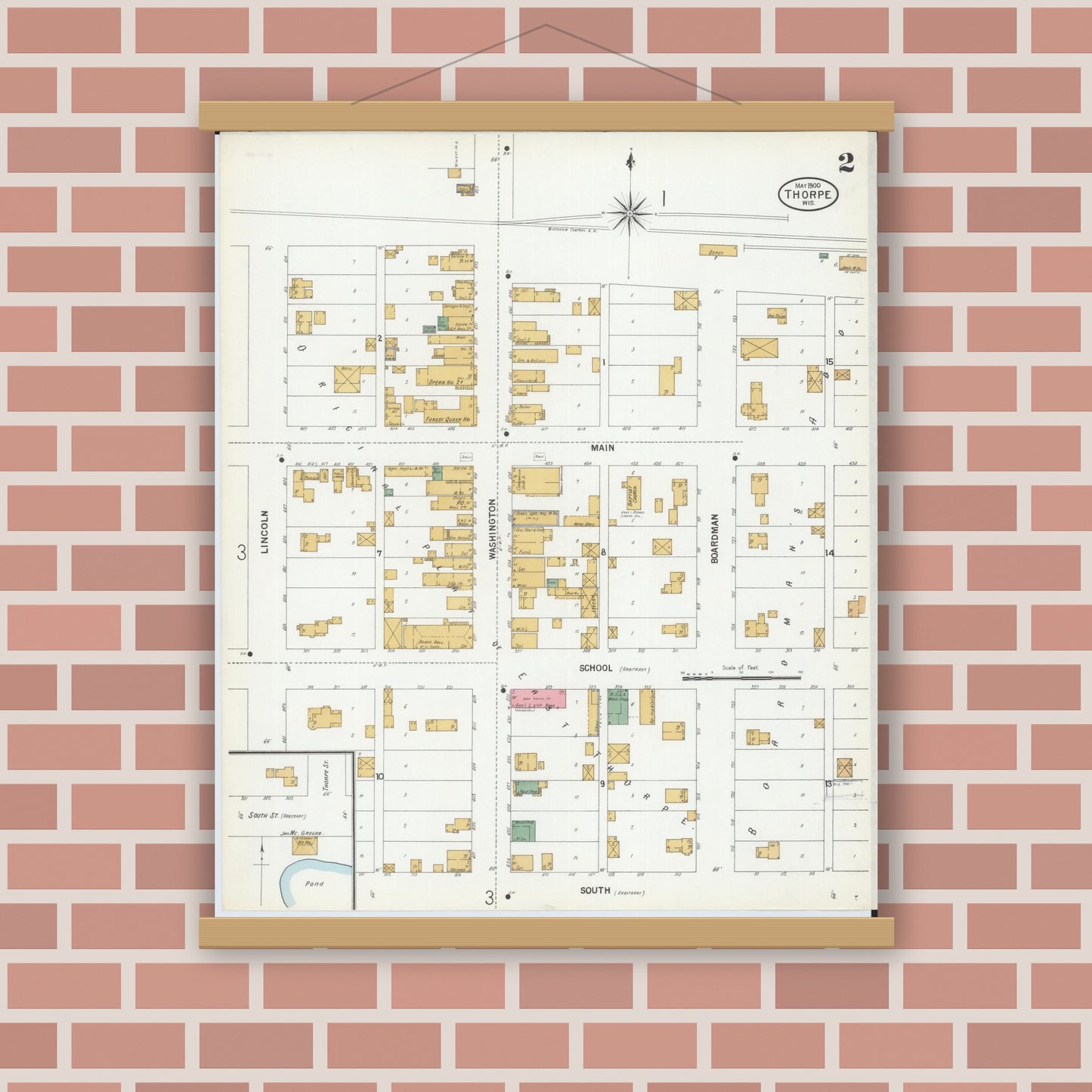 Old map wall art mockup — magnetic wood frame on brick wall — Sanborn Fire Insurance Map from Thorpe, Clark County, Wisconsin (1900), Sheet #0002