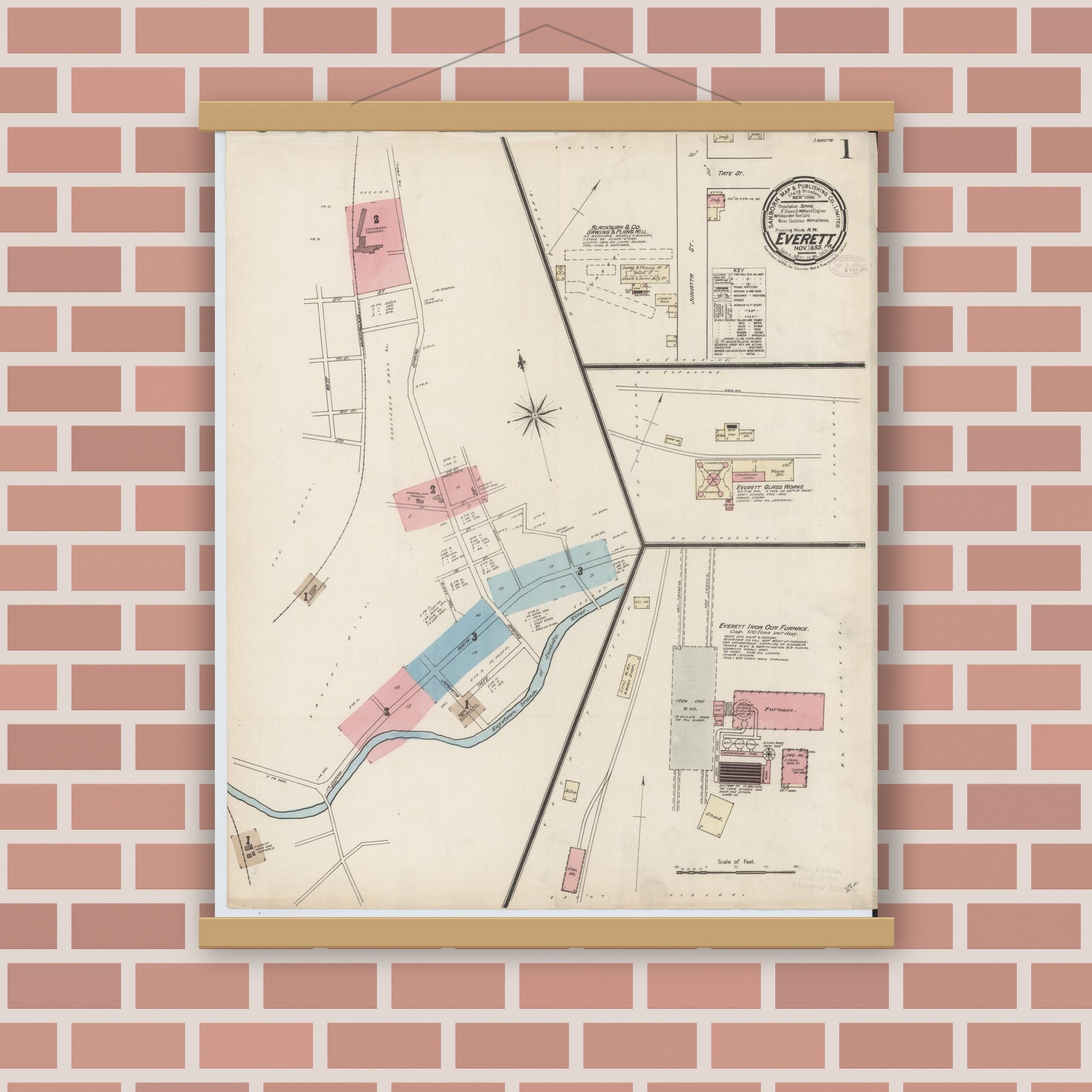 Old map wall art mockup — magnetic wood frame on brick wall — Sanborn Fire Insurance Map from Everett, Bedford County, Pennsylvania (1885), Sheet #0001