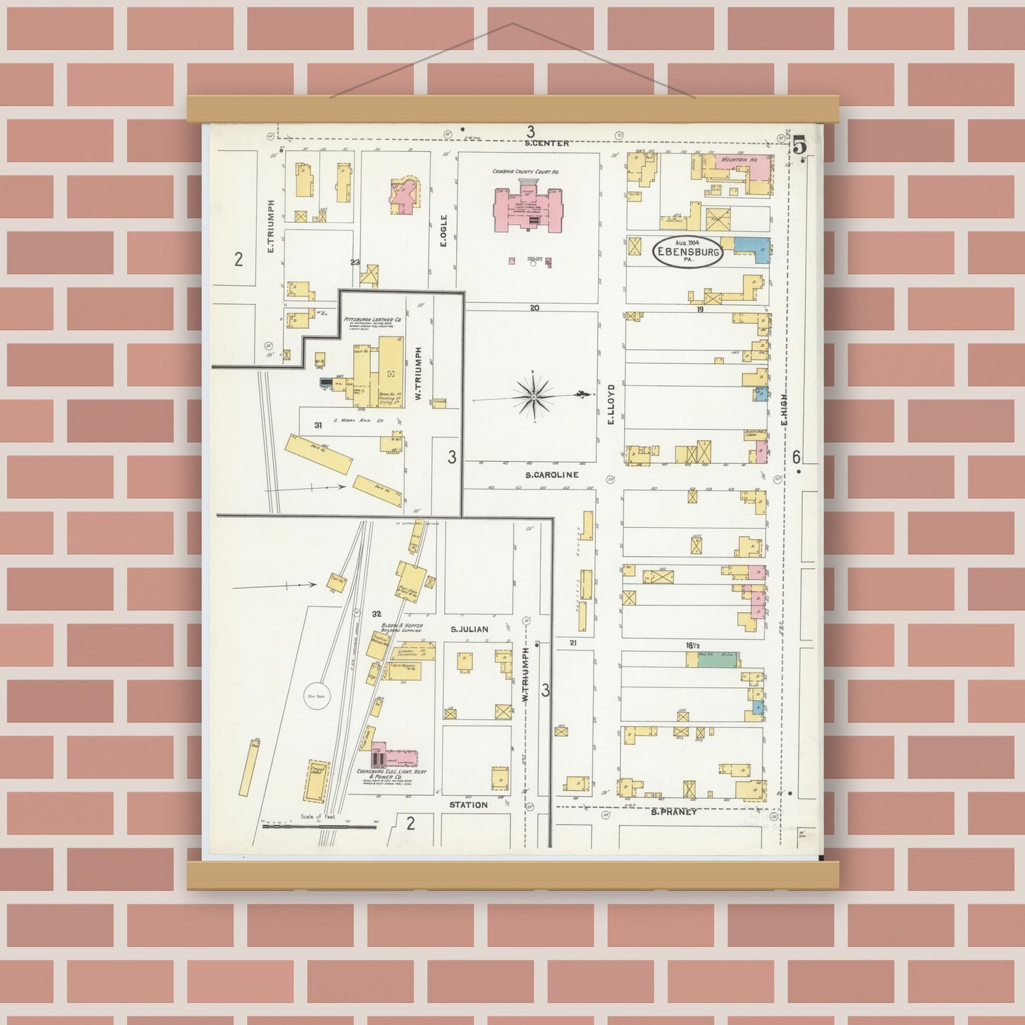 Old map wall art mockup — magnetic wood frame on brick wall — Sanborn Fire Insurance Map from Ebensburg, Cambria County, Pennsylvania (1904), Sheet #0005