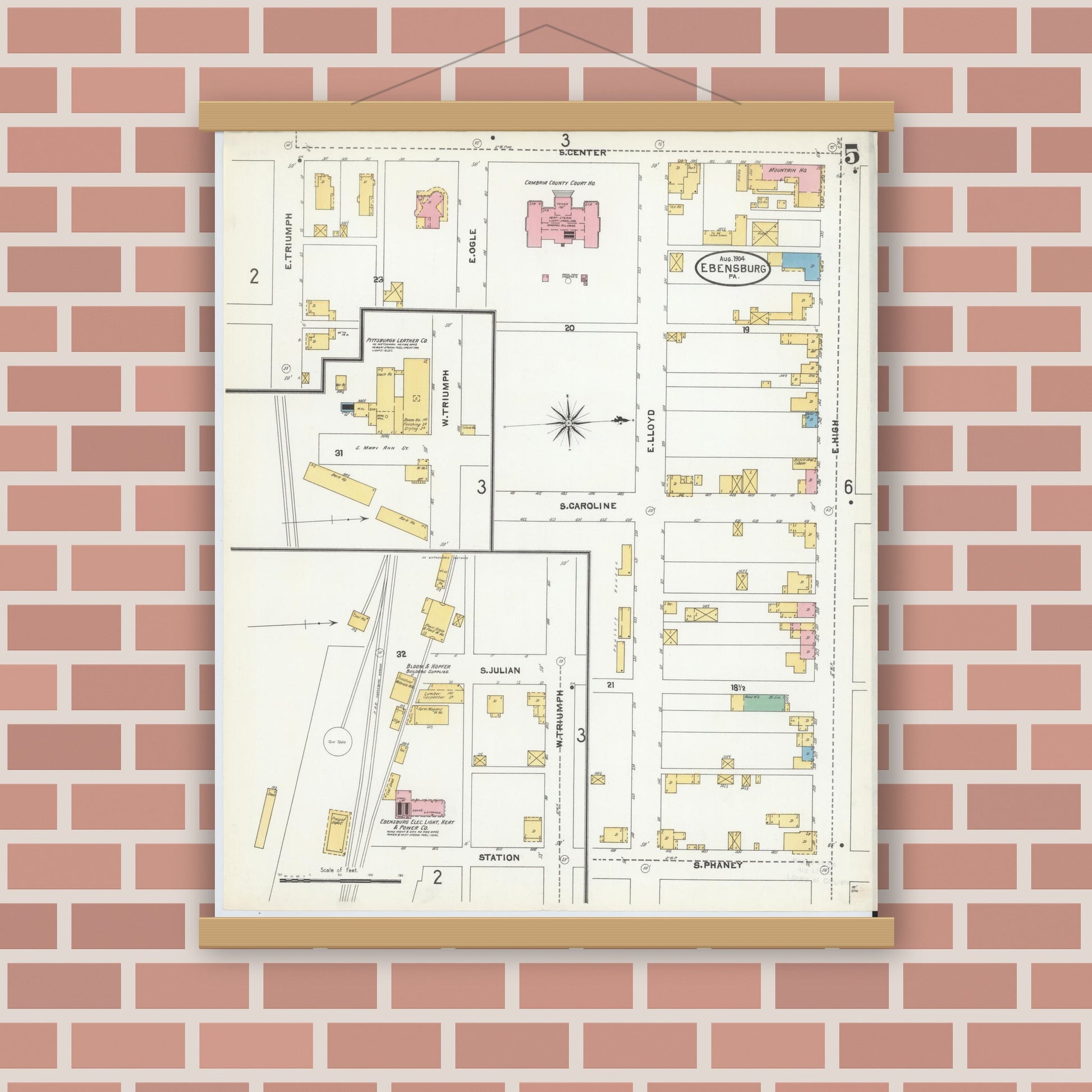 Old map wall art mockup — magnetic wood frame on brick wall — Sanborn Fire Insurance Map from Ebensburg, Cambria County, Pennsylvania (1904), Sheet #0005