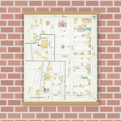 Old map wall art mockup — magnetic wood frame on brick wall — Sanborn Fire Insurance Map from Ebensburg, Cambria County, Pennsylvania (1904), Sheet #0005