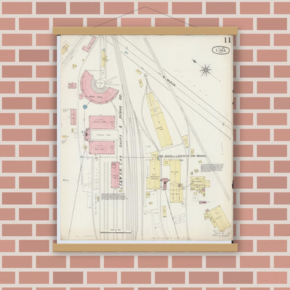 Old map wall art mockup — magnetic wood frame on brick wall — Sanborn Fire Insurance Map from Lima, Allen County, Ohio (1887), Sheet #0011