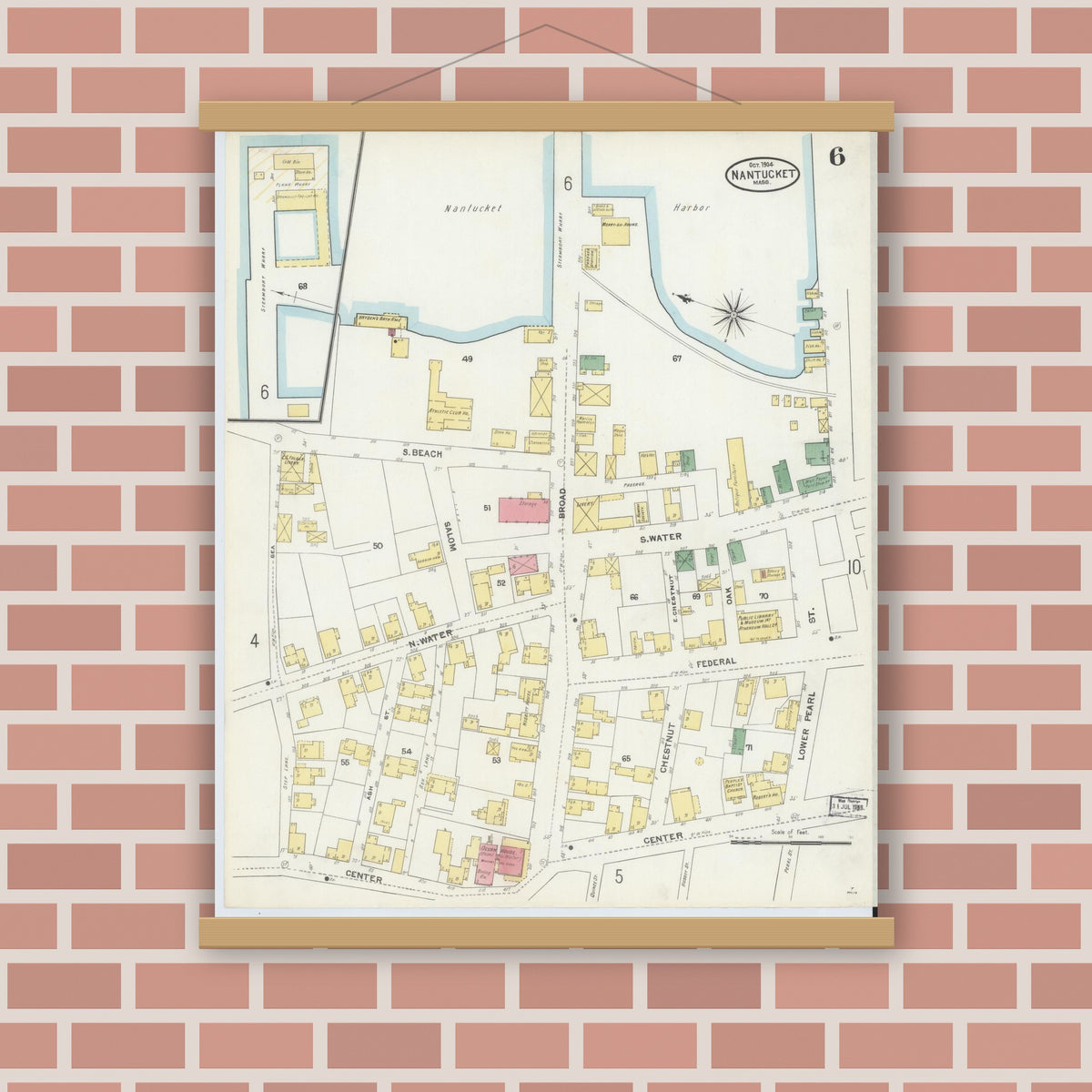 Old map wall art mockup — magnetic wood frame on brick wall — Sanborn Fire Insurance Map from Nantucket, Nantucket County, Massachusetts (1904), Sheet #0006