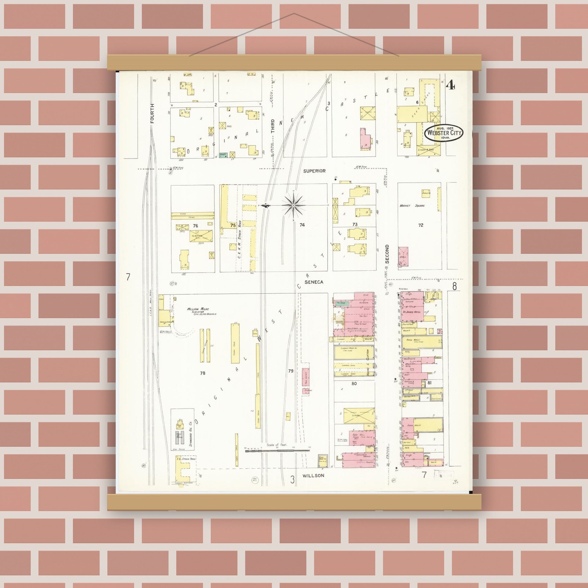 Old map wall art mockup — magnetic wood frame on brick wall — Sanborn Fire Insurance Map from Webster City, Hamilton County, Iowa (1907), Sheet #0004
