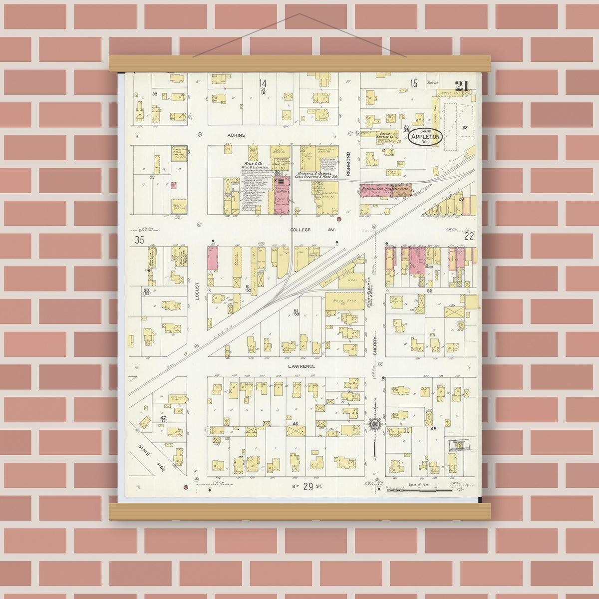 Old map wall art mockup — magnetic wood frame on brick wall — Sanborn Fire Insurance Map from Appleton, Outagamie County, Wisconsin (1911), Sheet #0021