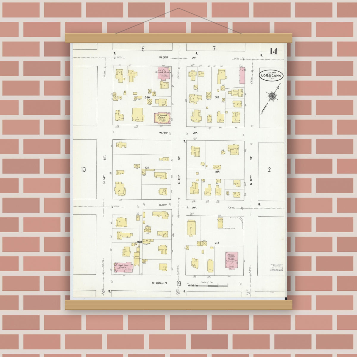 Old map wall art mockup — magnetic wood frame on brick wall — Sanborn Fire Insurance Map from Corsicana, Navarro County, Texas (1910), Sheet #0014