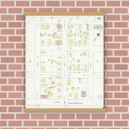 Old map wall art mockup — magnetic wood frame on brick wall — Sanborn Fire Insurance Map from Corsicana, Navarro County, Texas (1910), Sheet #0014