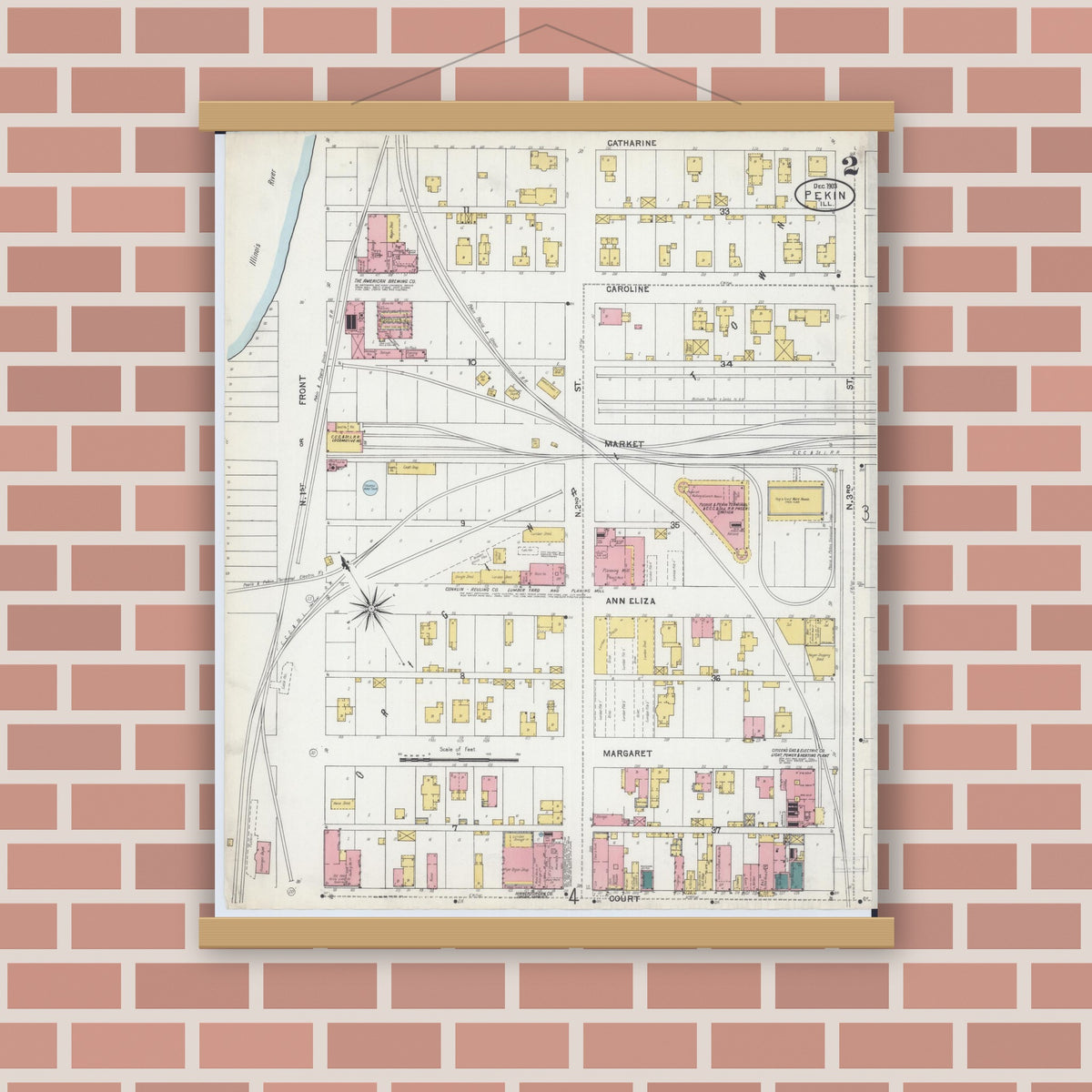 Old map wall art mockup — magnetic wood frame on brick wall — Sanborn Fire Insurance Map from Pekin, Tazewell County, Illinois (1903), Sheet #0002