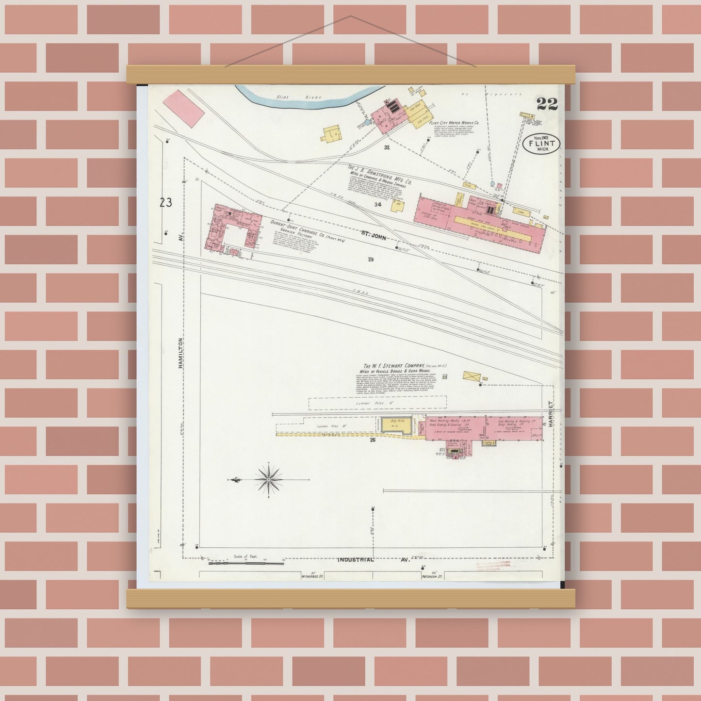 Old map wall art mockup — magnetic wood frame on brick wall — Sanborn Fire Insurance Map from Flint, Genesee County, Michigan (1902), Sheet #0022