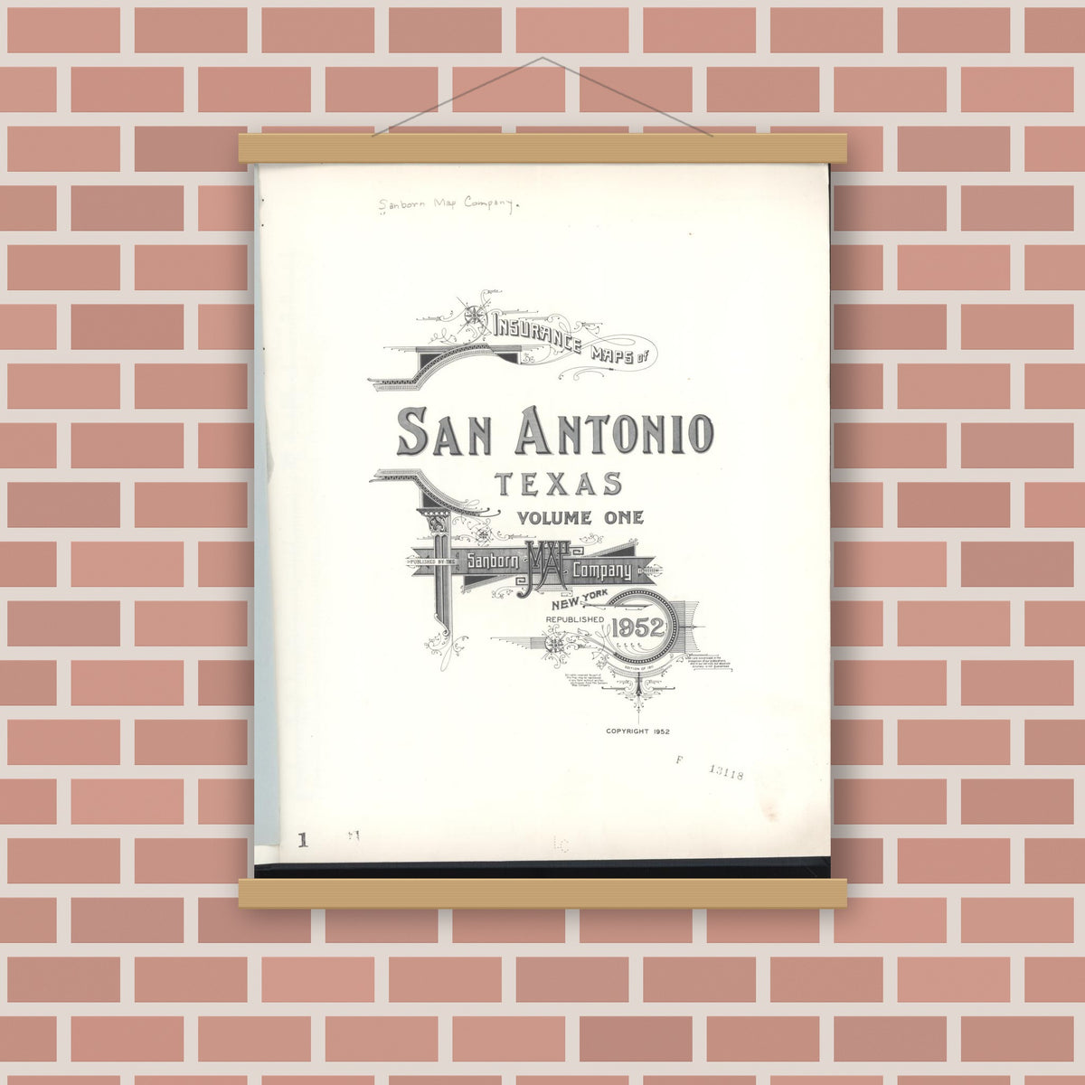 Old map wall art mockup — magnetic wood frame on brick wall — Sanborn Fire Insurance Map from San Antonio, Bexar County, Texas (1952), Sheet #0001