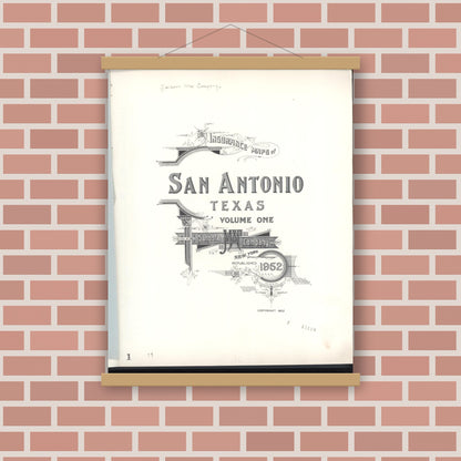 Old map wall art mockup — magnetic wood frame on brick wall — Sanborn Fire Insurance Map from San Antonio, Bexar County, Texas (1952), Sheet #0001