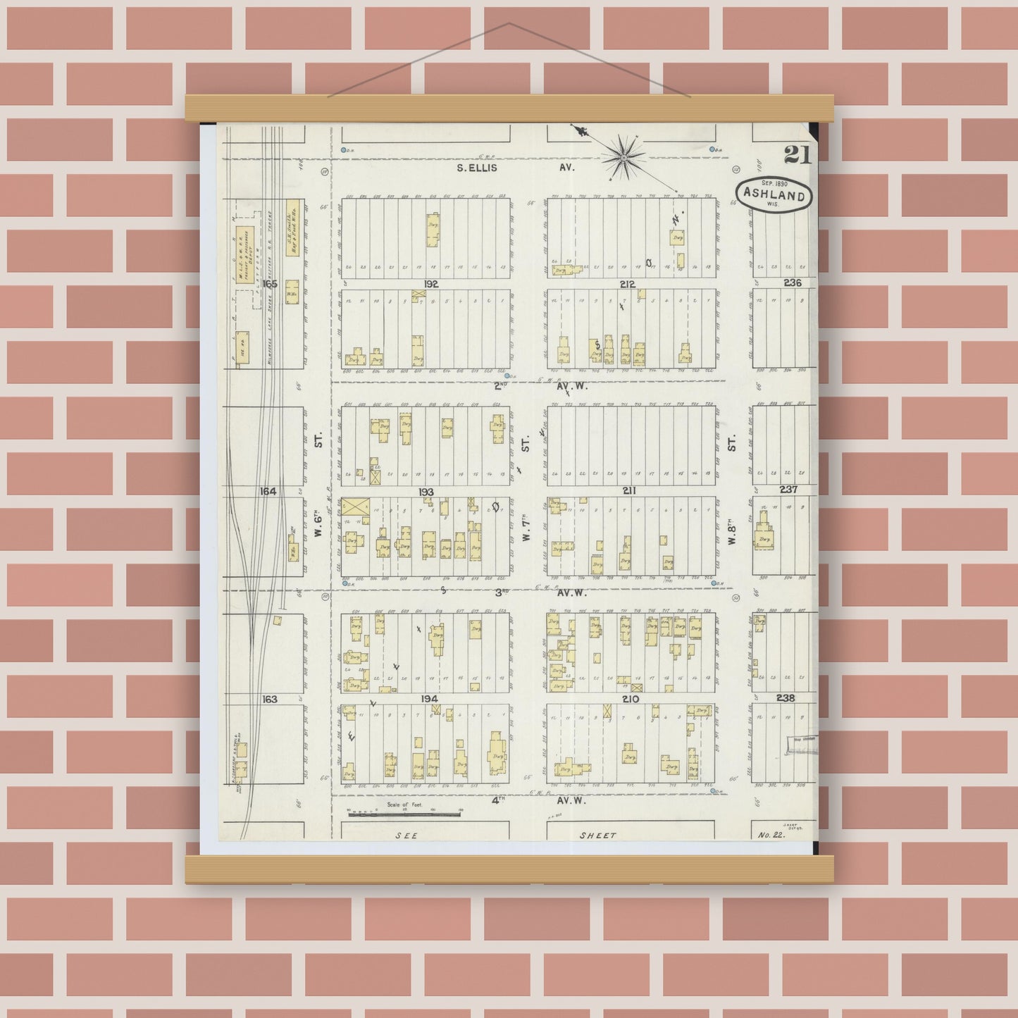 Old map wall art mockup — magnetic wood frame on brick wall — Sanborn Fire Insurance Map from Ashland, Ashland County, Wisconsin (1890), Sheet #0021